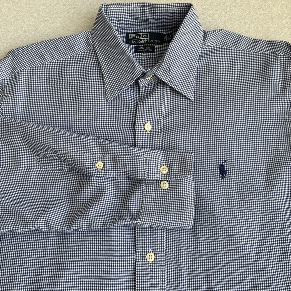 Polo Ralph Lauren Mens Andrew Dress Shirt Blue Gingham Check 15.5 34/35 Preppy